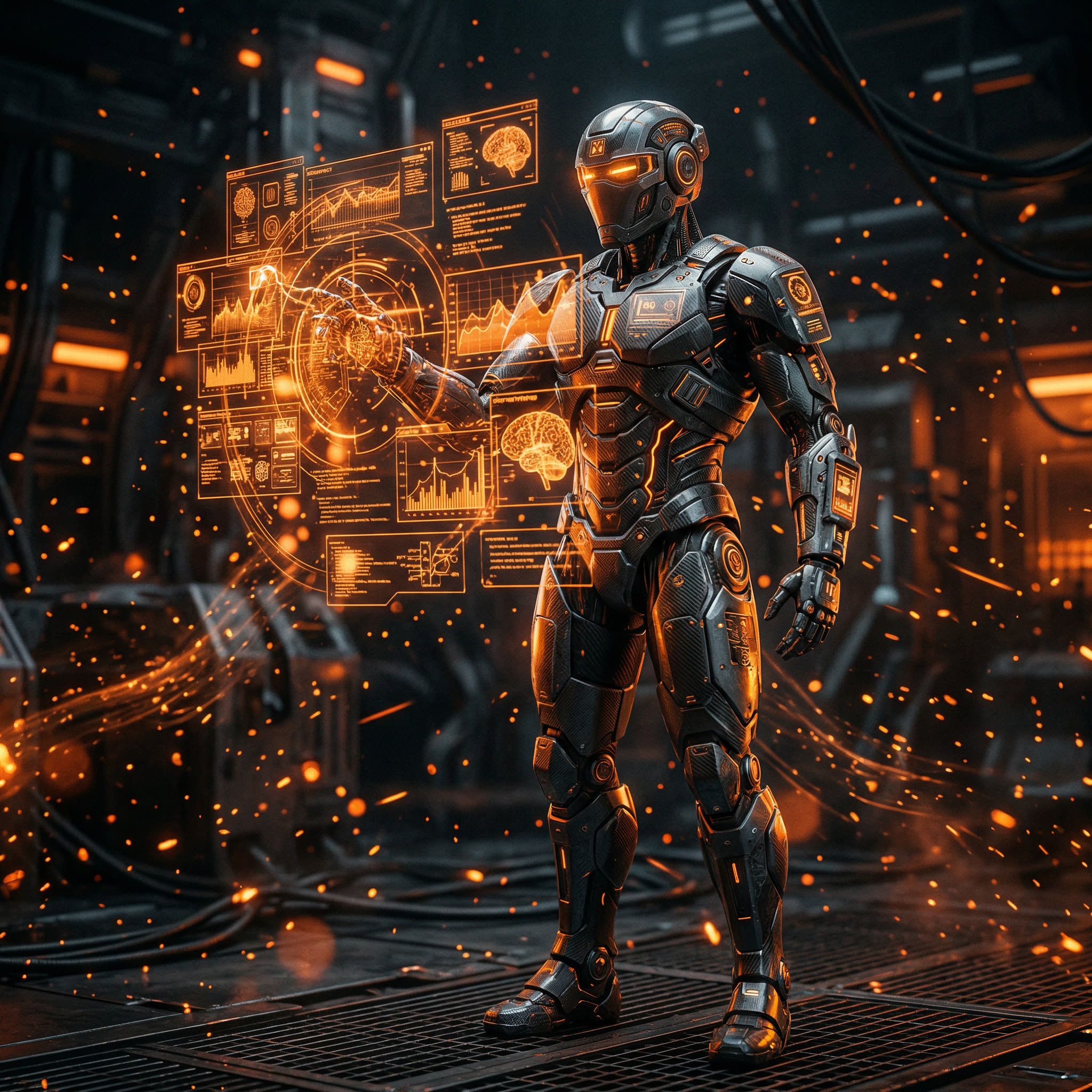 Futuristic humanoid robot with holographic interface